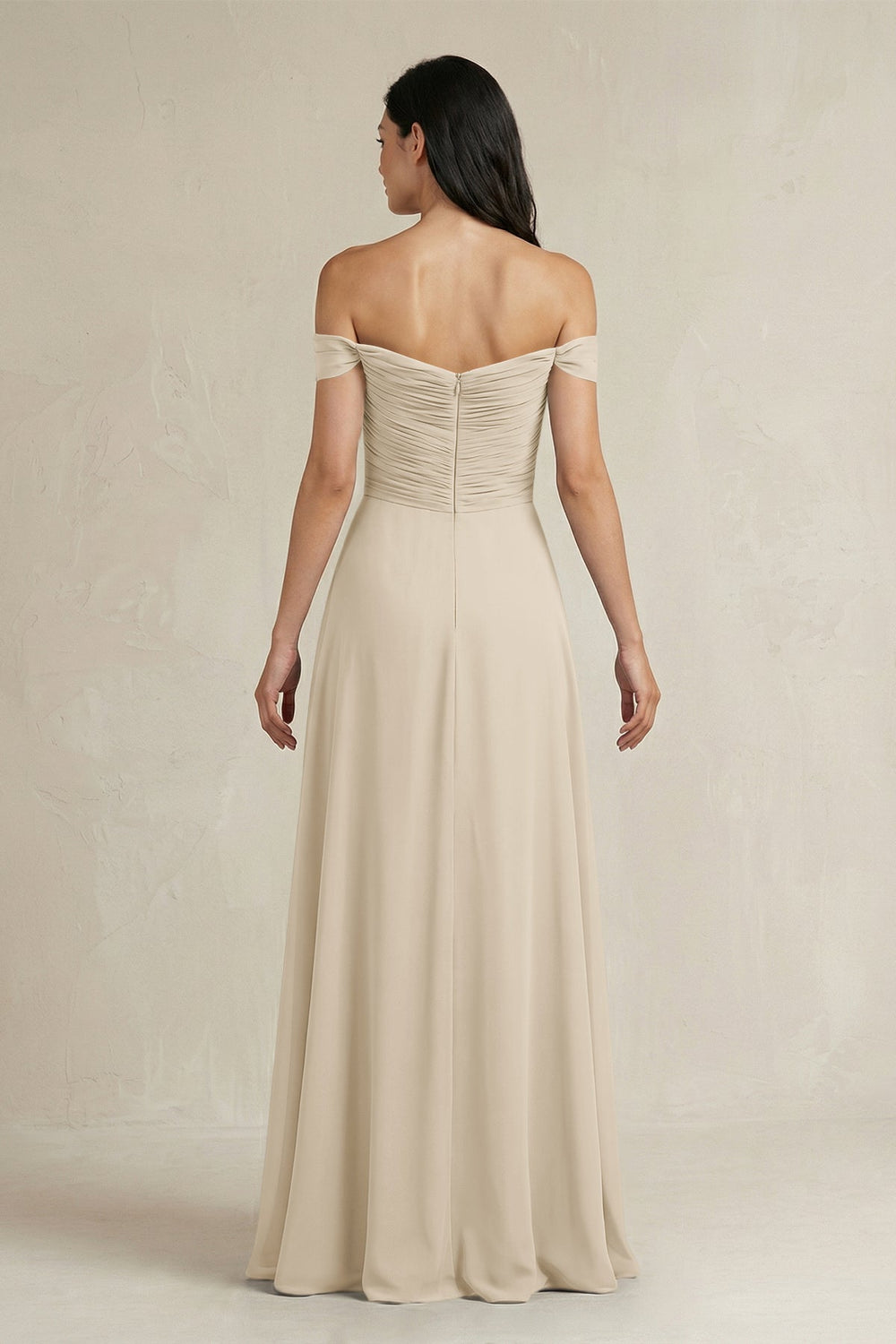A - Line Pleated Off - the - Shoulder Chiffon Bridesmaid Dress in Champagne - SHE IS ME Bridesmaid Dresses