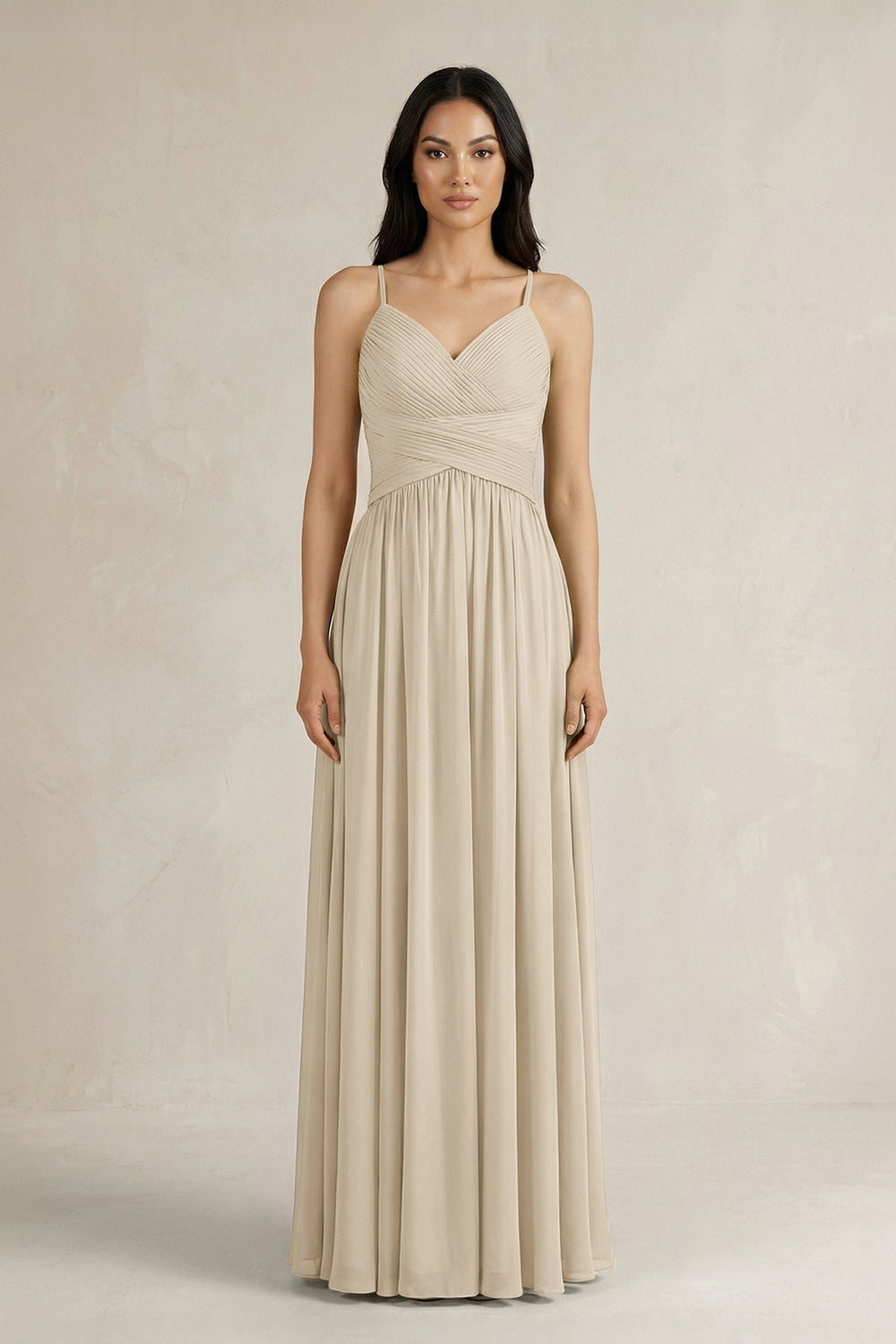 A - Line Pleated Spaghetti Strap Chiffon Bridesmaid Dress in Champagne - SHE IS ME Bridesmaid Dresses
