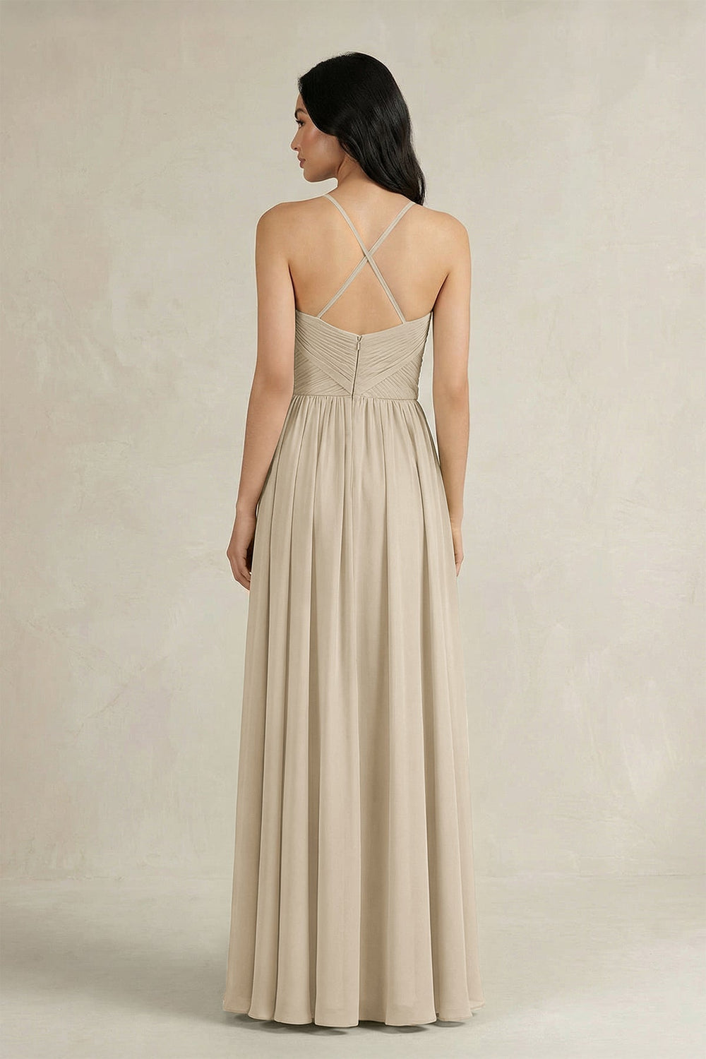 A - Line Pleated Spaghetti Strap Chiffon Bridesmaid Dress in Champagne - SHE IS ME Bridesmaid Dresses