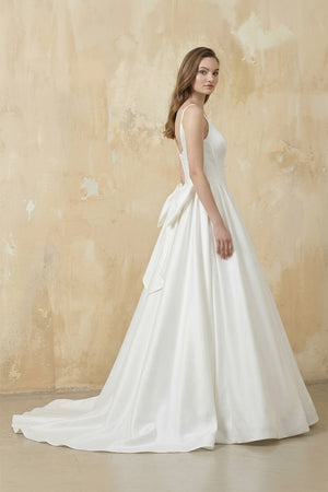 A Line Satin Ball Gown With Bow in White - SHE IS ME Wedding Dresses