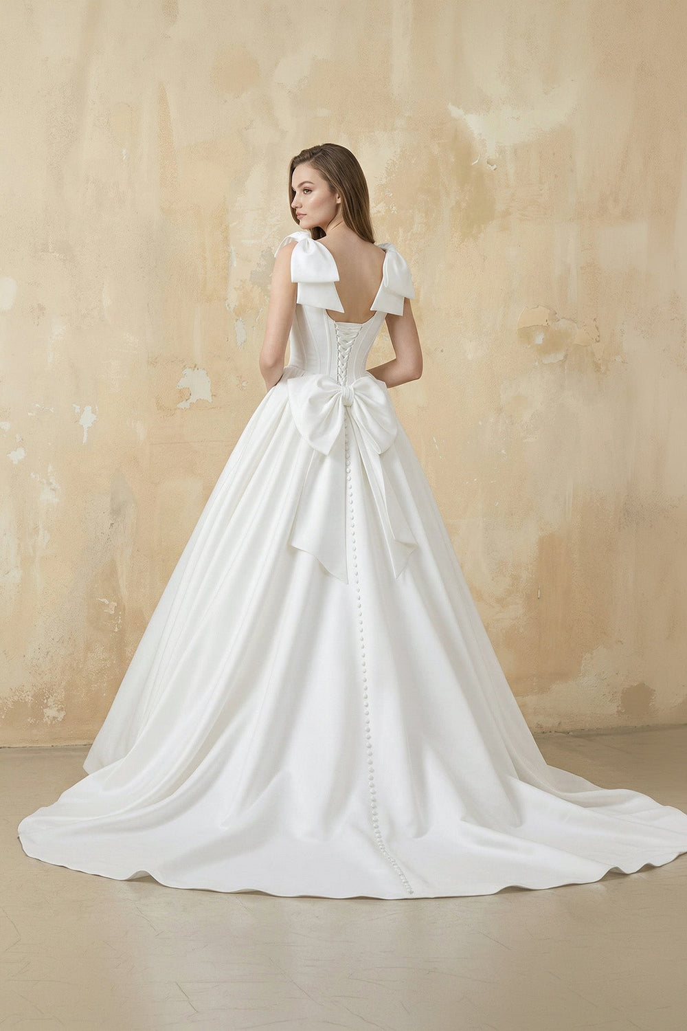 A Line Satin Ball Gown With Bow in White - SHE IS ME Wedding Dresses