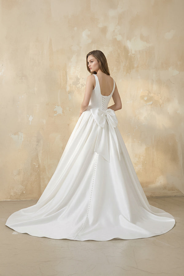 A Line Satin Ball Gown With Bow in White - SHE IS ME Wedding Dresses