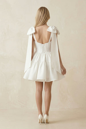 A - Line Satin Corset Mini Wedding Dress With Bow in White - SHE IS ME Wedding Dresses