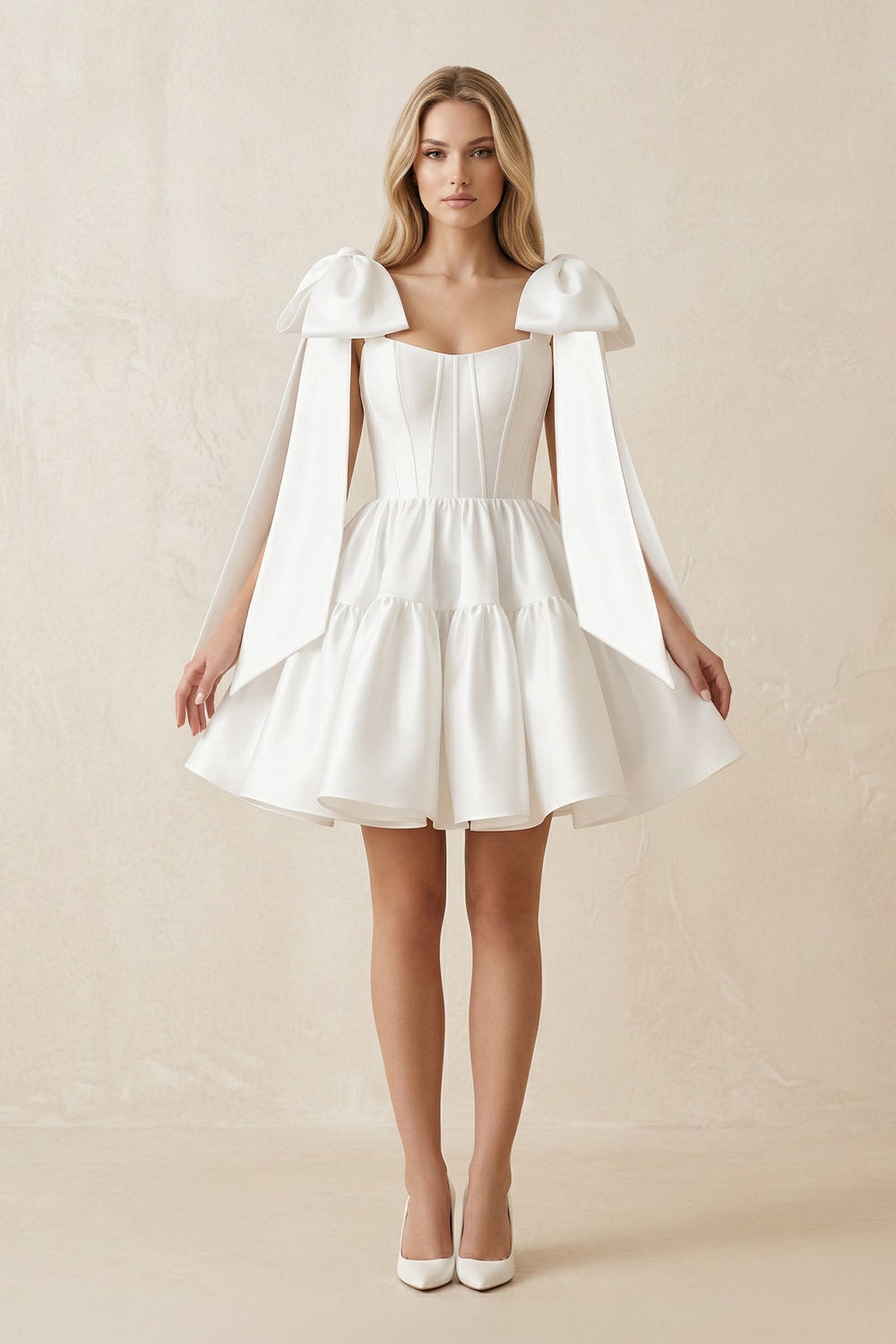 A - Line Satin Corset Mini Wedding Dress With Bow in White - SHE IS ME Wedding Dresses