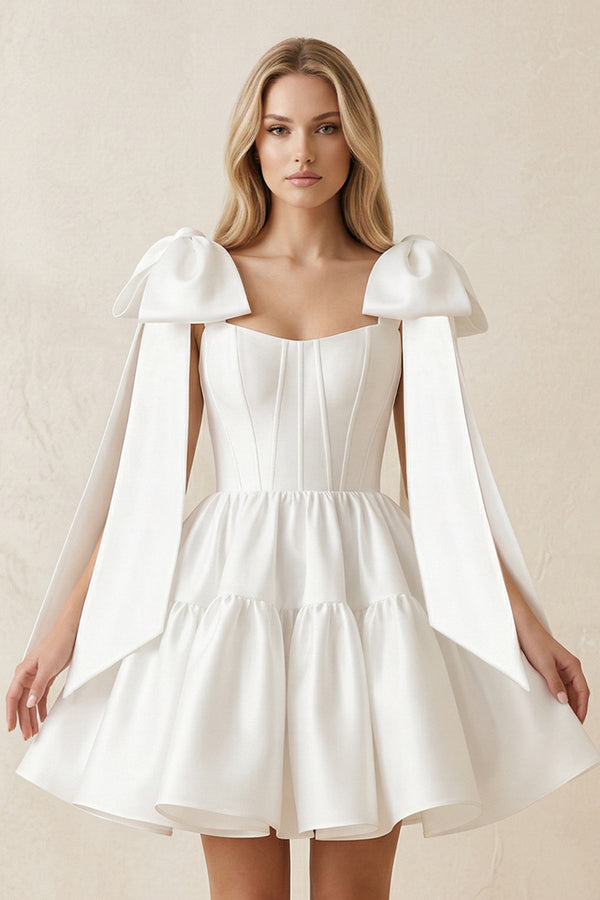 A - Line Satin Corset Mini Wedding Dress With Bow in White - SHE IS ME Wedding Dresses