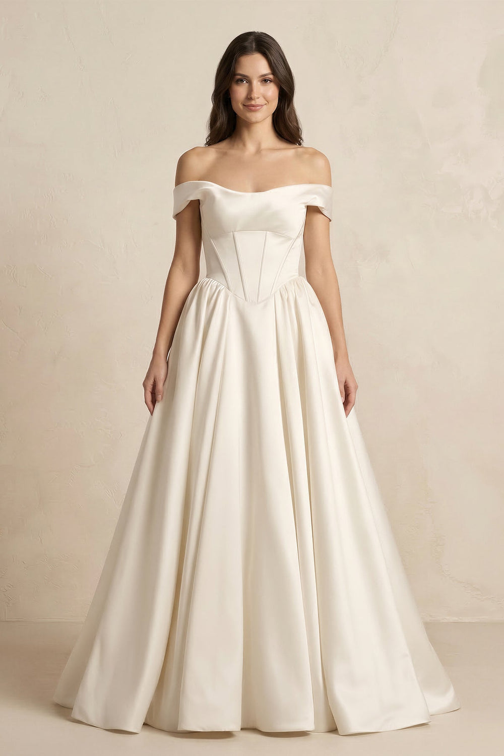 A - Line Satin Off - the - Shoulder Corset Wedding Dress in Ivory - SHE IS ME Wedding Dresses