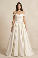 A - Line Satin Off - the - Shoulder Corset Wedding Dress in Ivory - SHE IS ME Wedding Dresses