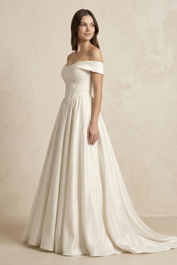 A - Line Satin Off - the - Shoulder Corset Wedding Dress in Ivory - SHE IS ME Wedding Dresses
