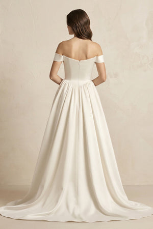 A - Line Satin Off - the - Shoulder Corset Wedding Dress in Ivory - SHE IS ME Wedding Dresses