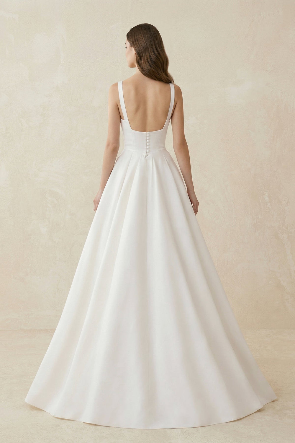 A - Line Satin Square Neck Maxi Wedding Dress in White - SHE IS ME Wedding Dresses