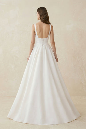 A - Line Satin Square Neck Maxi Wedding Dress in White - SHE IS ME Wedding Dresses