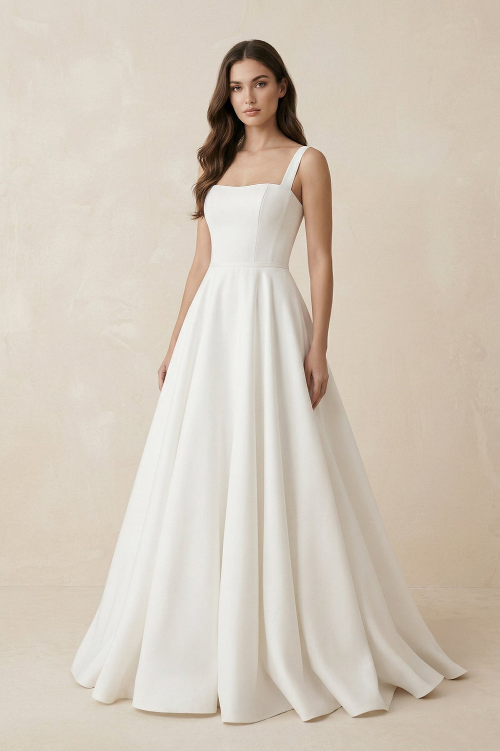A - Line Satin Square Neck Maxi Wedding Dress in White - SHE IS ME Wedding Dresses
