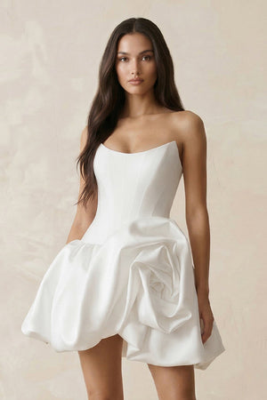 A - Line Satin Strapless Mini Ruched Wedding Dress in White - SHE IS ME Wedding Dresses