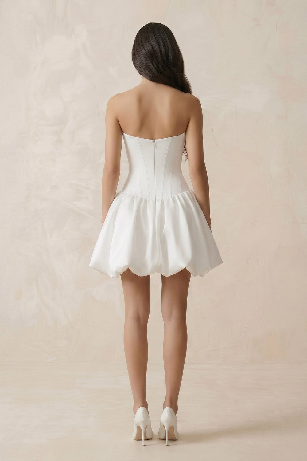 A - Line Satin Strapless Mini Ruched Wedding Dress in White - SHE IS ME Wedding Dresses