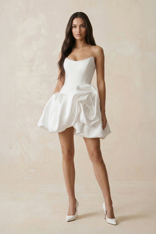 A - Line Satin Strapless Mini Ruched Wedding Dress in White - SHE IS ME Wedding Dresses
