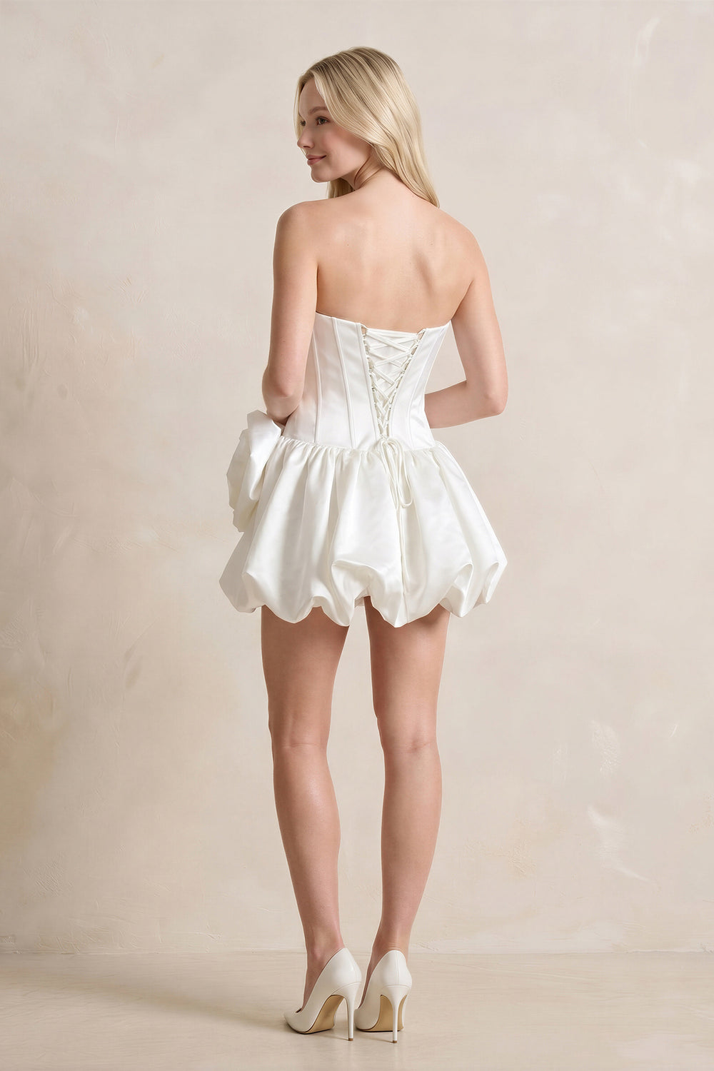 A - Line Satin Strapless Mini Ruched Wedding Dress in White - SHE IS ME Wedding Dresses