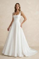A Line Satin Sweep Train Wedding Dress in Ivory - SHE IS ME Wedding Dresses