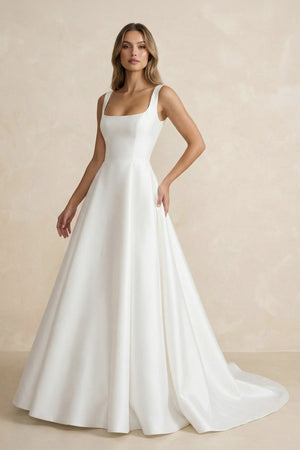 A Line Satin Sweep Train Wedding Dress in Ivory - SHE IS ME Wedding Dresses