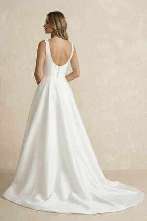 A Line Satin Sweep Train Wedding Dress in Ivory - SHE IS ME Wedding Dresses