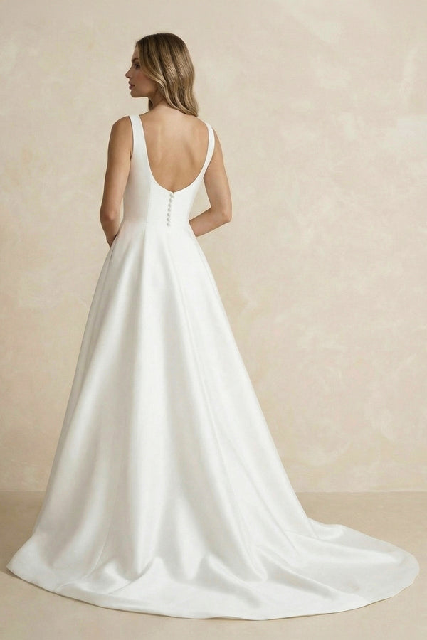 A Line Satin Sweep Train Wedding Dress in Ivory - SHE IS ME Wedding Dresses
