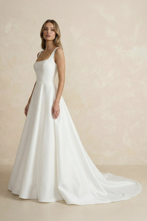 A Line Satin Sweep Train Wedding Dress in Ivory - SHE IS ME Wedding Dresses