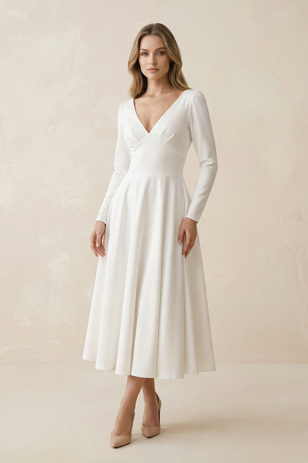 A - Line Satin V - Neck Long Sleeve Wedding Dress in White - SHE IS ME Wedding Dresses