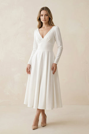 A - Line Satin V - Neck Long Sleeve Wedding Dress in White - SHE IS ME Wedding Dresses
