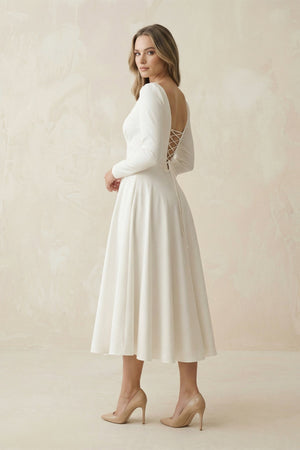 A - Line Satin V - Neck Long Sleeve Wedding Dress in White - SHE IS ME Wedding Dresses
