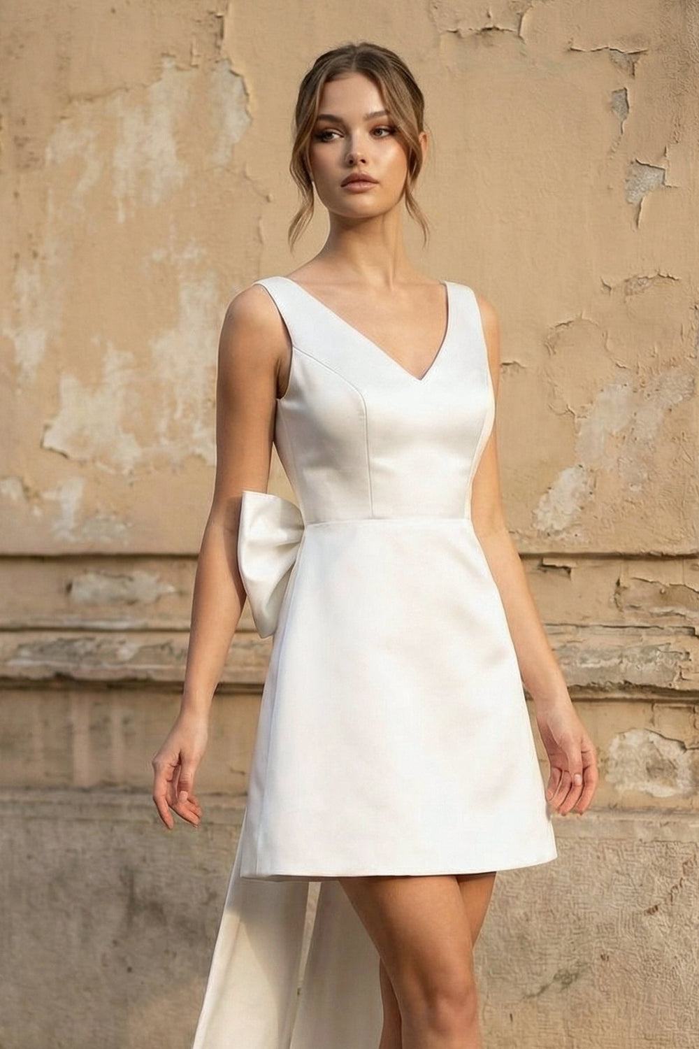 A Line Satin V Neck Wedding Dress With Bow in White - SHE IS ME Wedding Dresses