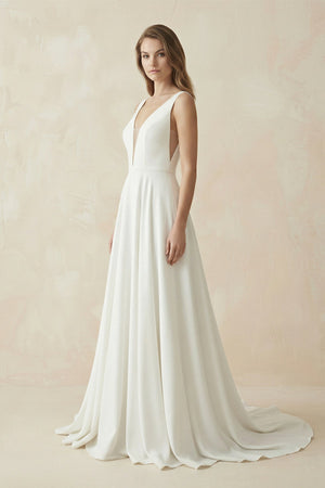 A - Line Satin V - Neck Wedding Dress With Illusion Corset - SHE IS ME Wedding Dresses