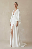 A - Line Satin Wedding Dress with Slit in White - SHE IS ME Wedding Dresses