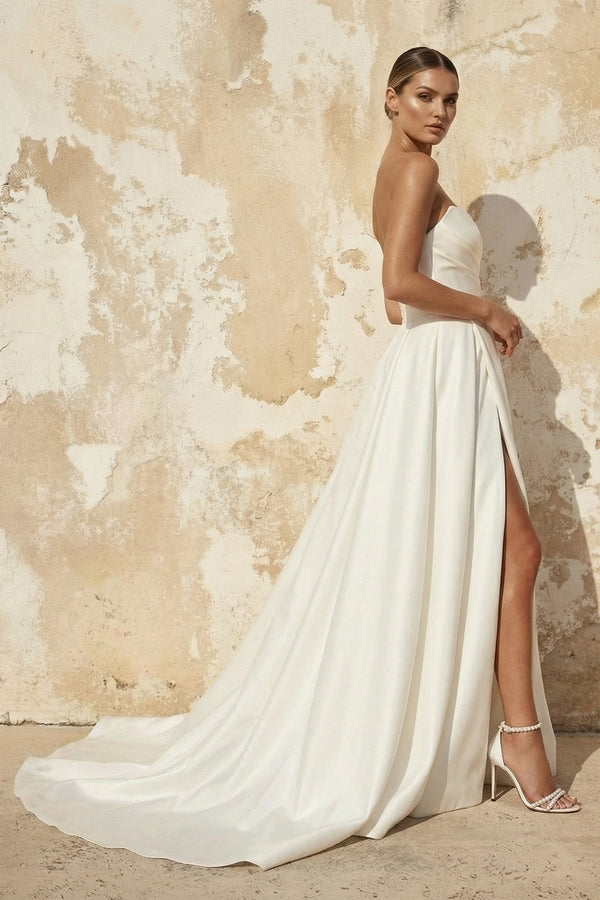A Line Satin Wedding Dress With Slit in White - SHE IS ME Wedding Dresses