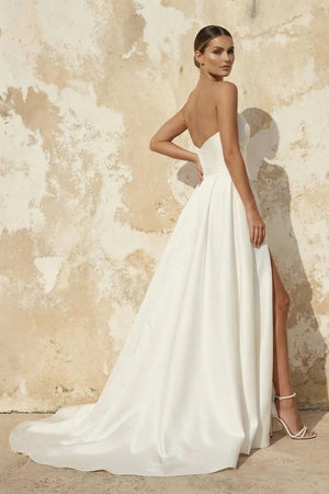 A Line Satin Wedding Dress With Slit in White - SHE IS ME Wedding Dresses