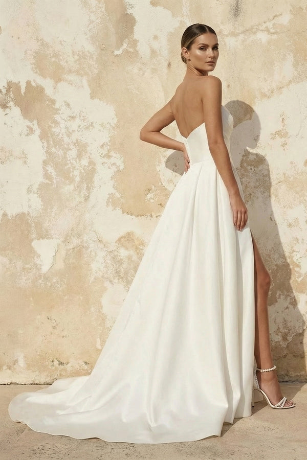 A Line Satin Wedding Dress With Slit in White - SHE IS ME Wedding Dresses