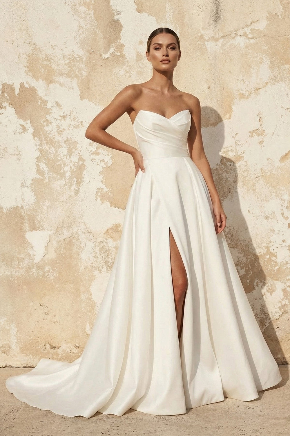 A Line Satin Wedding Dress With Slit in White - SHE IS ME Wedding Dresses