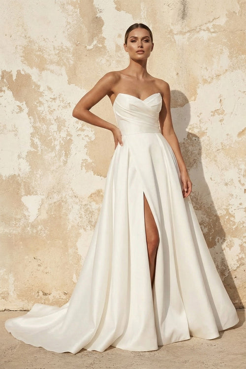 A Line Satin Wedding Dress With Slit in White - SHE IS ME Wedding Dresses
