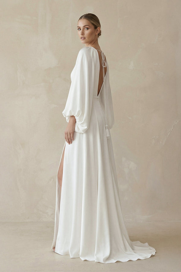 A - Line Satin Wedding Dress with Slit in White - SHE IS ME Wedding Dresses