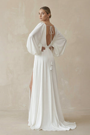 A - Line Satin Wedding Dress with Slit in White - SHE IS ME Wedding Dresses
