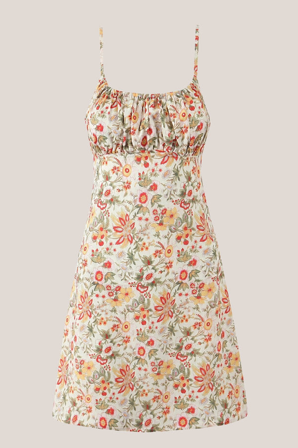 A - Line Scoop Neck Warm Rose Printed Cotton Mini Dress - SHE IS ME Dresses