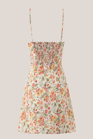 A - Line Scoop Neck Warm Rose Printed Cotton Mini Dress - SHE IS ME Dresses