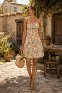 A - Line Scoop Neck Warm Rose Printed Cotton Mini Dress - SHE IS ME Dresses