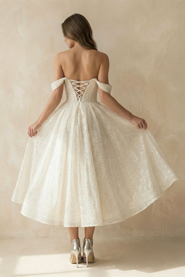 A Line Sequined Tea Length Wedding Dress in Ivory - SHE IS ME Wedding Dresses