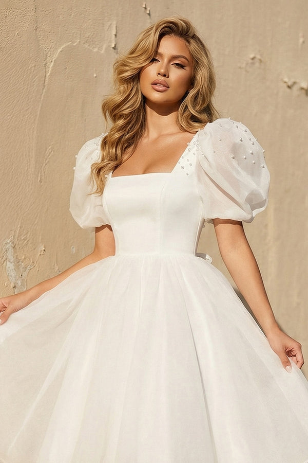 A Line Short Sleeves Organza Wedding Dress - SHE IS ME Wedding Dresses