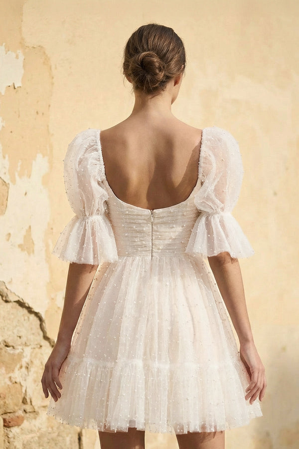 A Line Short Sleeves Tulle Wedding Dress - SHE IS ME Wedding Dresses