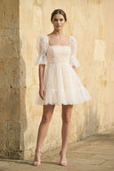 A Line Short Sleeves Tulle Wedding Dress - SHE IS ME Wedding Dresses
