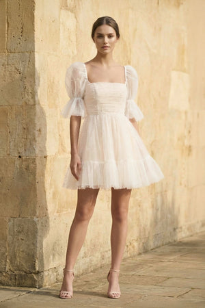 A Line Short Sleeves Tulle Wedding Dress - SHE IS ME Wedding Dresses