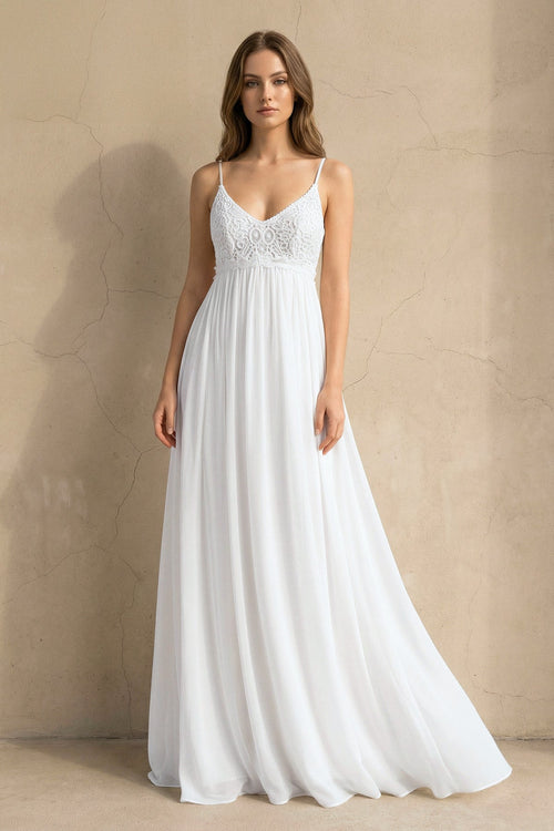 A Line Spaghetti Chiffon Lace Sleeveless Wedding Dress in White - SHE IS ME Wedding Dresses