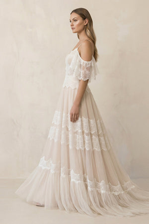 A Line Spaghetti Straps Backless Lace Wedding Dress - SHE IS ME Wedding Dresses