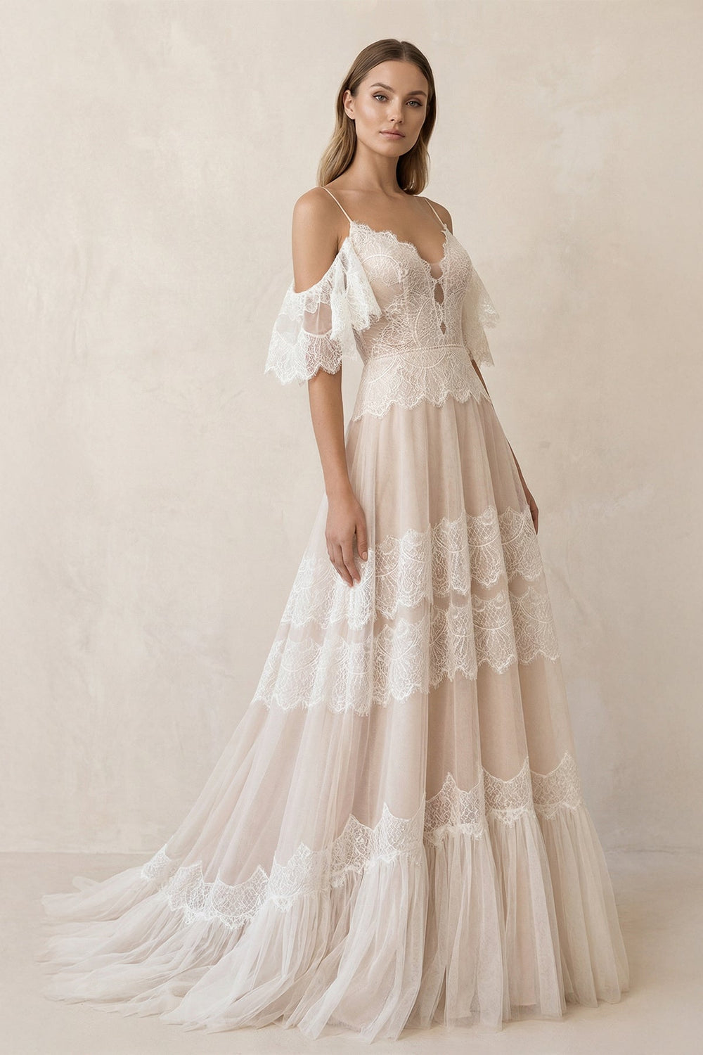 A Line Spaghetti Straps Backless Lace Wedding Dress - SHE IS ME Wedding Dresses