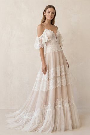 A Line Spaghetti Straps Backless Lace Wedding Dress - SHE IS ME Wedding Dresses